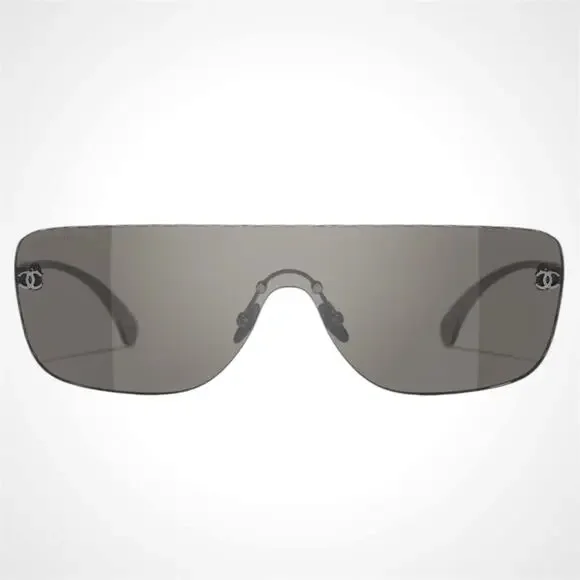 New CHANEL Sunglasses Ruthenium Metal Rimless Shield Mask Brown Lens CC Logo - Picture 2 of 5